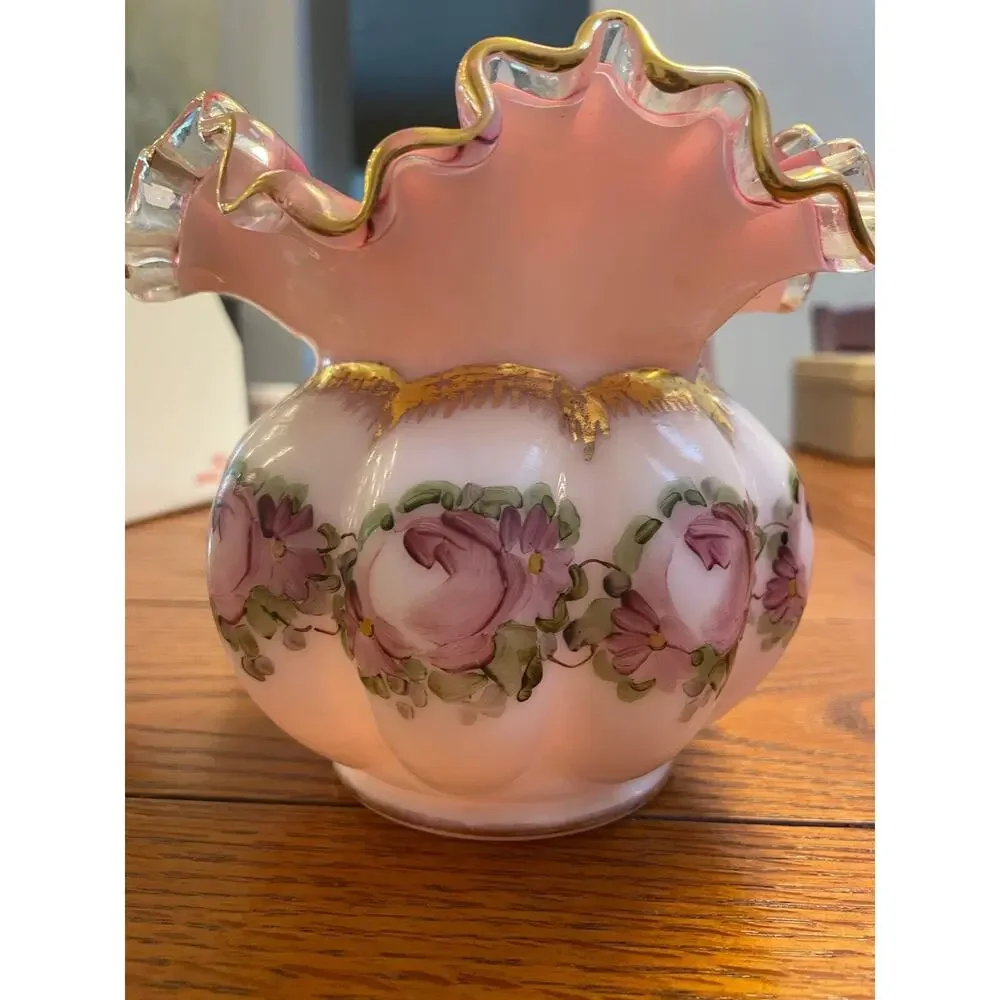 Fenton Melon Ball Charleston Pink Roses Vase Crimped Ruffle Edged Vintage